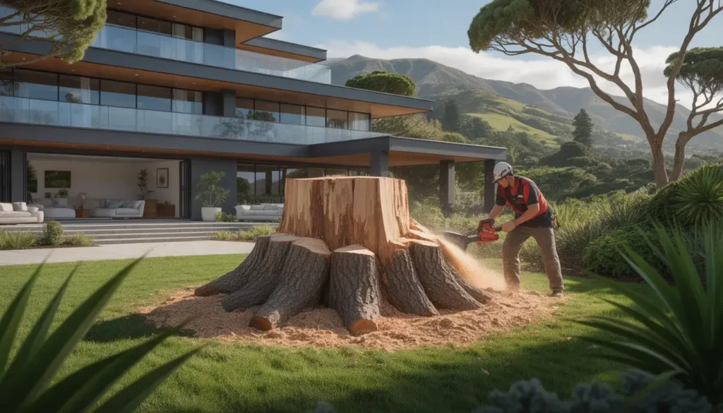 Before and after stump removal showing ground level results and fresh wood chips ready for garden use in Wellington region
