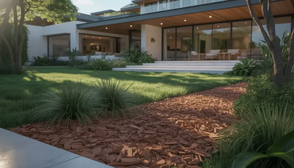 Creative wood chip pathway winding through coastal Kapiti garden with proper edging and design