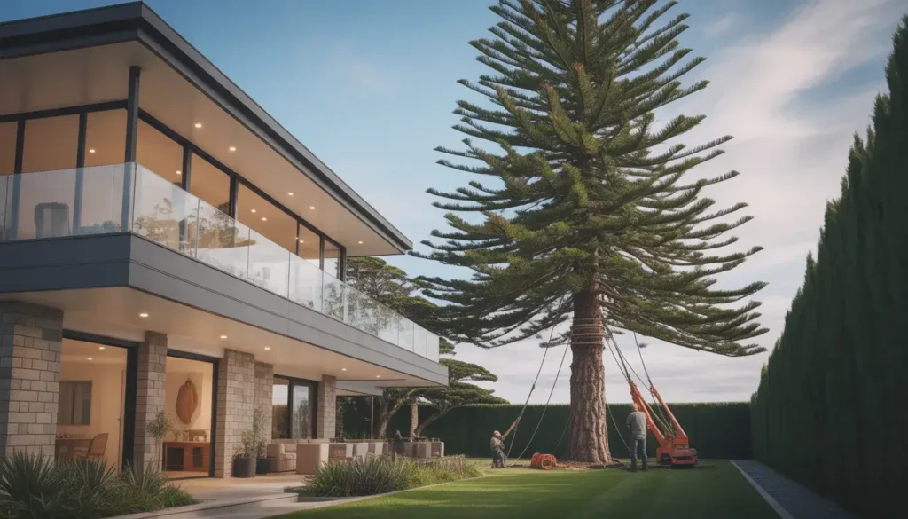 Elite Arboriculture arborist wearing safety gear while assessing large Norfolk Pine for removal in Kapiti Coast residential area