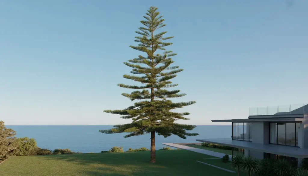 Norfolk Pine towering above residential property in Kapiti Coast showing scale and safety concerns