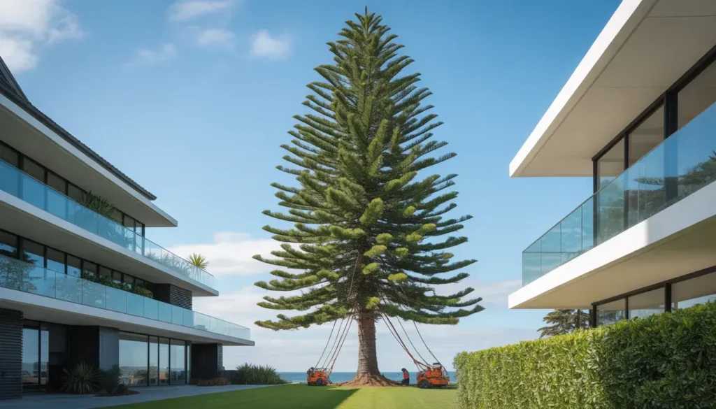 Norfolk Pine wood recovery and timber processing showing sustainable resource utilisation after professional tree removal