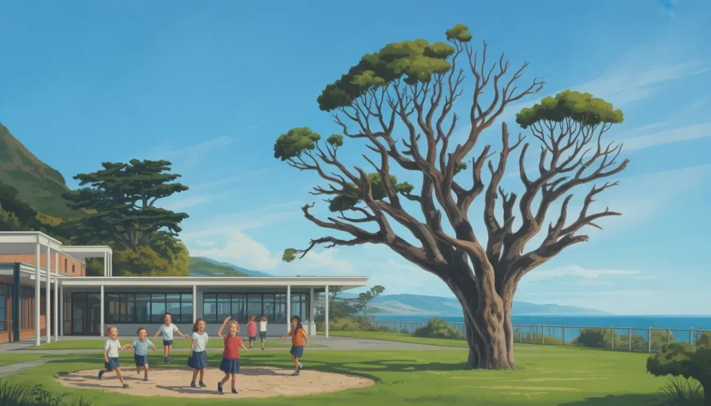 Students engaged in outdoor learning activities around heritage trees in Wellington school courtyard