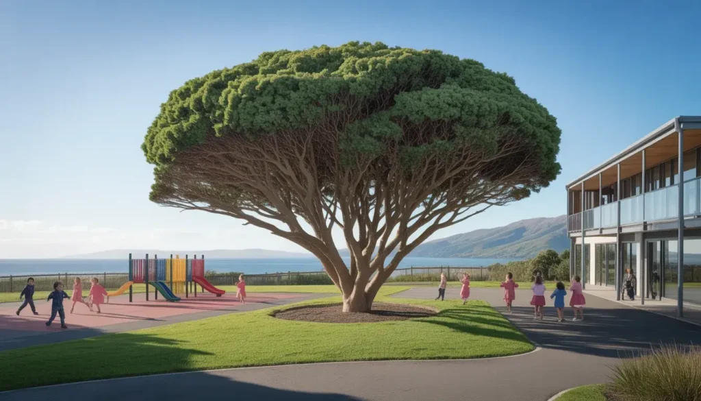 Wellington school grounds showing well-maintained trees providing shade and educational opportunities for students