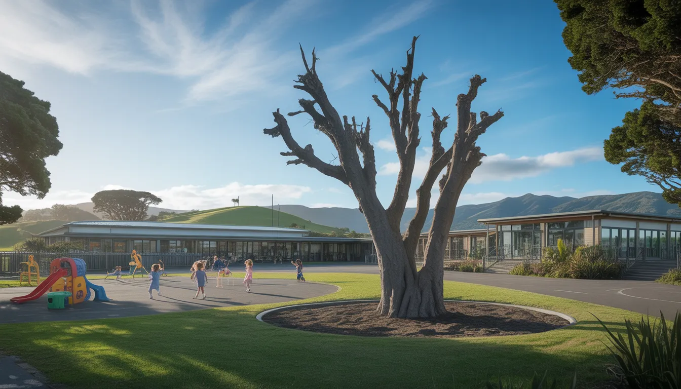 Wellington school heritage tree with protective fencing and educational signage showing proper heritage tree management practices