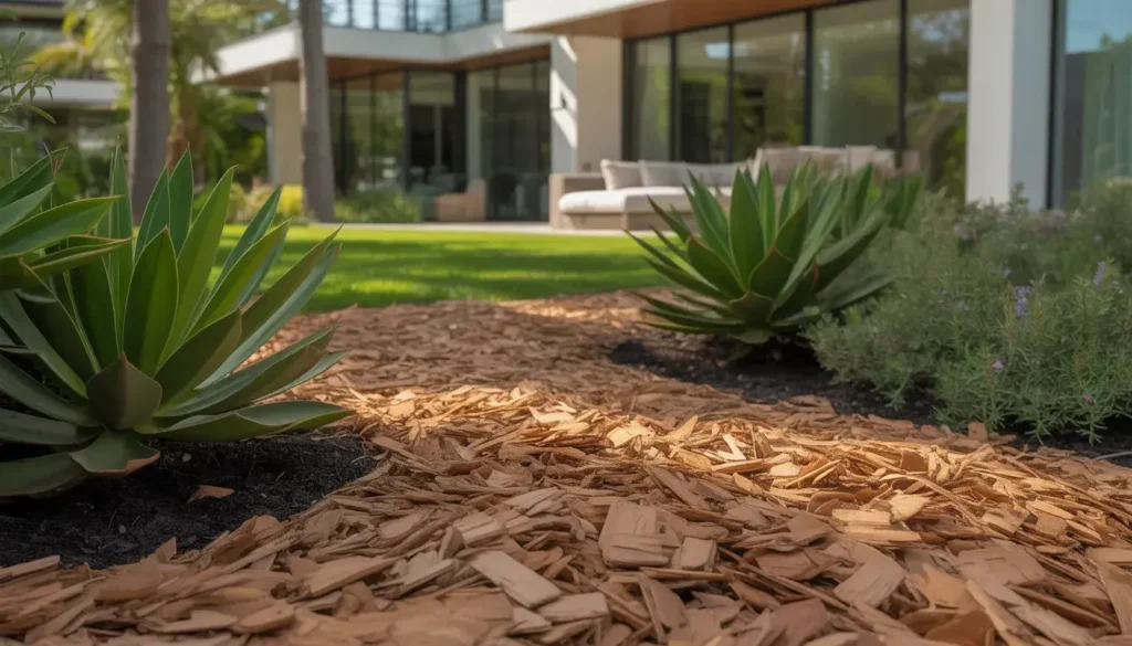 Wood chip mulch properly applied around garden plants maintaining proper spacing and depth