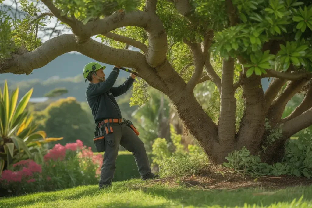 Close-up of proper spring pruning cut on native cabbage tree showing correct angle and branch collar preservation technique in Paraparaumu garden