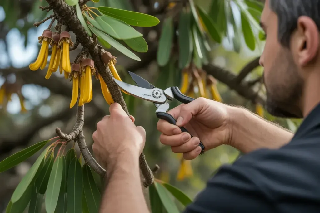 Professional pruning of established kowhai tree showing proper technique and timing for post-bloom care