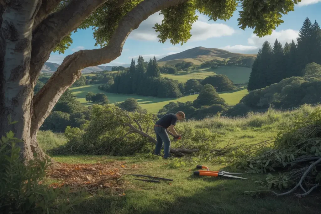 Qualified arborist inspecting tree for dead and diseased branches during summer maintenance visit