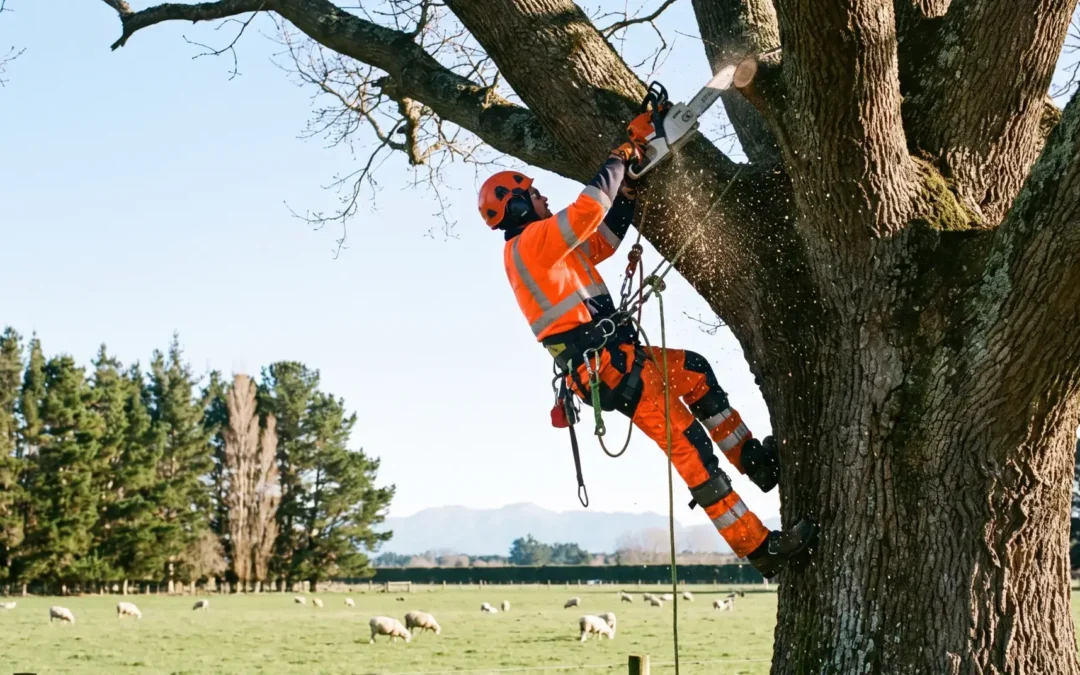 Certified arborist in orange safety uniform pruning a tree on a rural Levin property
