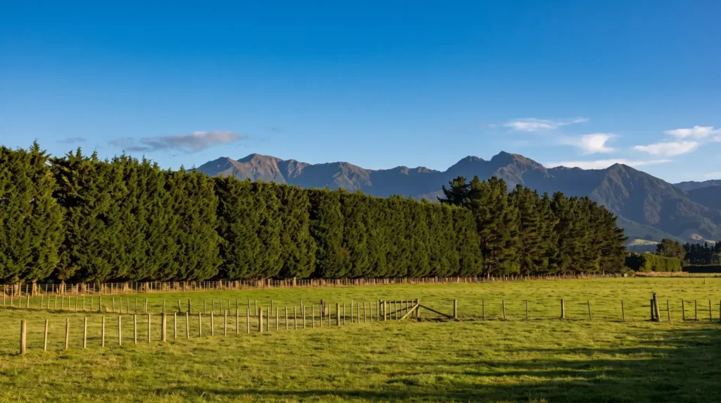 Macrocarpa shelterbelt row on a Horowhenua lifestyle block near Levin
